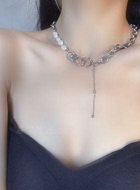 钛钢不掉色嘻哈风拼接天然珍珠