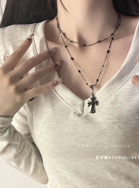 暗黑锆石十字架串珠项链
