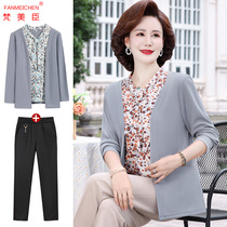Mother Spring Autumn Clothing Foreign Air Long Sleeves T-shirt Two Sets 50 Years Old Lady Autumn Clothing Fake Two-Knitted Sweatshirt Thin
