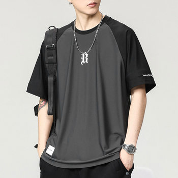 Summer thin ice silk short-sleeved trendy brand breathable quick-drying T-shirt men's loose spliced ​​​​raglan sleeve sports and leisure T-shirt