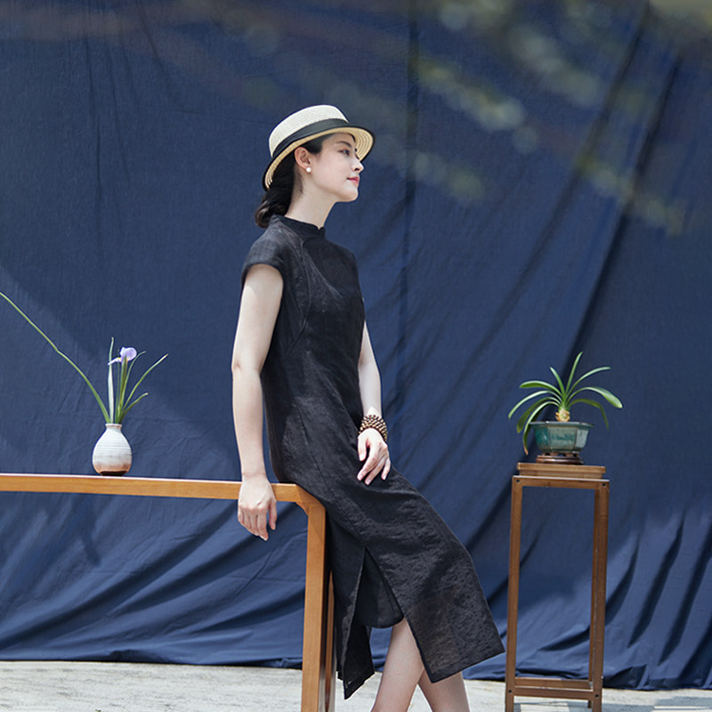 高级感国风气质绝美黑色短袖连衣裙 蒂曼芳连衣裙