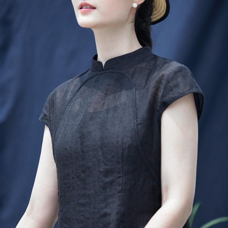 高级感国风气质绝美黑色短袖连衣裙 蒂曼芳连衣裙