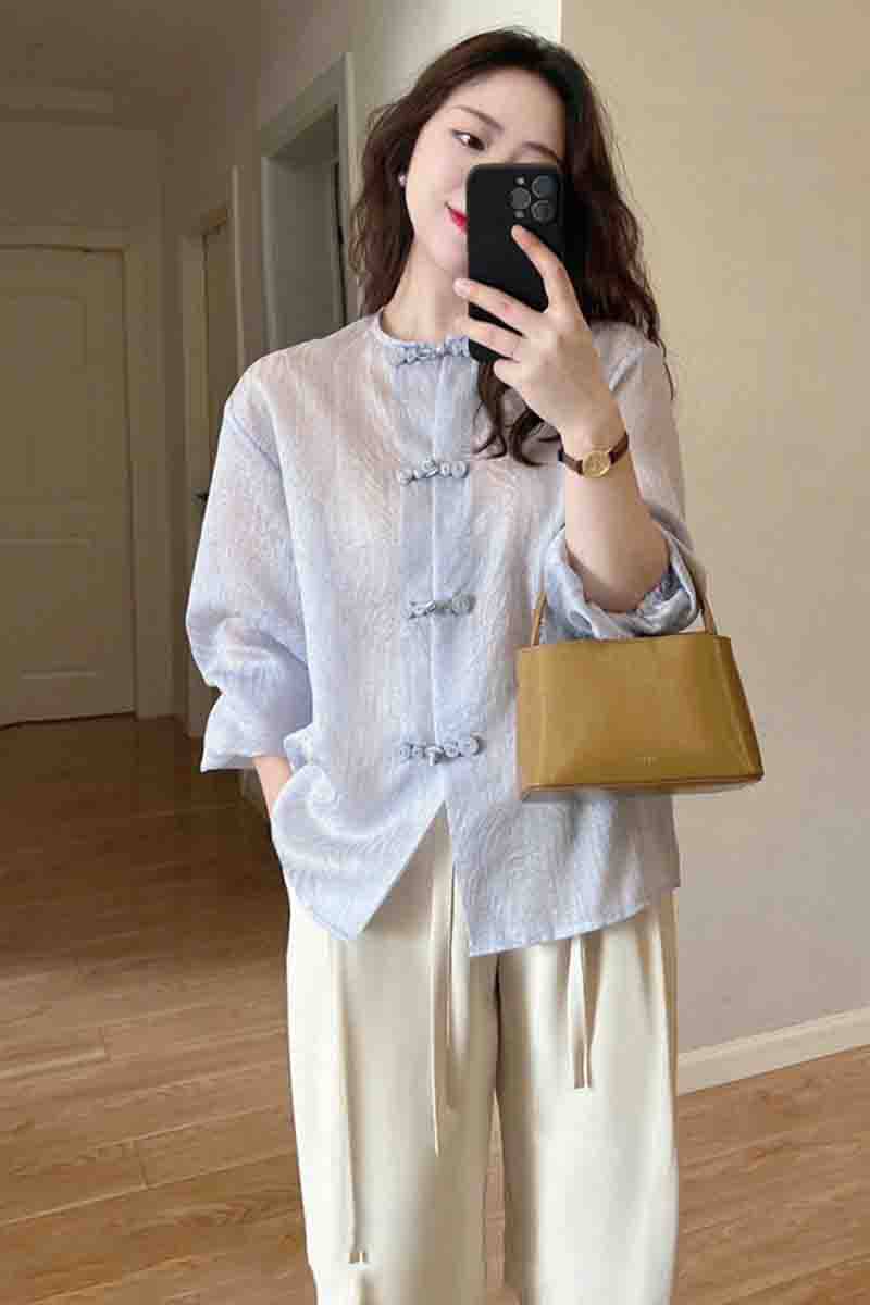 新中式复古设计感蓝色雪纺盘扣衬衫 蒂曼芳衬衫