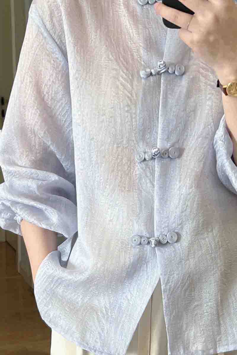 新中式复古设计感蓝色雪纺盘扣衬衫 蒂曼芳衬衫