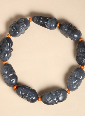 和田玉青花籽料苏工十八罗汉手串