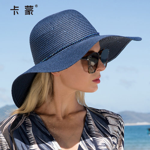 卡蒙韩版海边大檐帽百搭遮阳帽系带软妹草帽女夏小清新田园太阳帽 - 图0