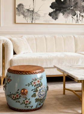 新中式手绘花鸟黄铜鼓凳摆件