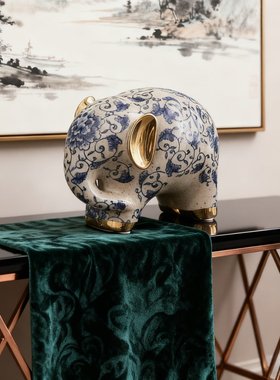 中古风陶瓷青花大象摆件客厅高级感艺术家居电视柜乔迁新居礼物