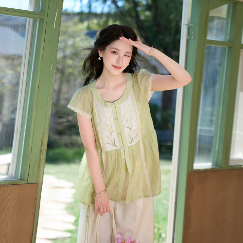 绿野 清水溪汉初国风汉服元素女夏季氛围感穿搭圆领小衫阔腿裤 - 图0
