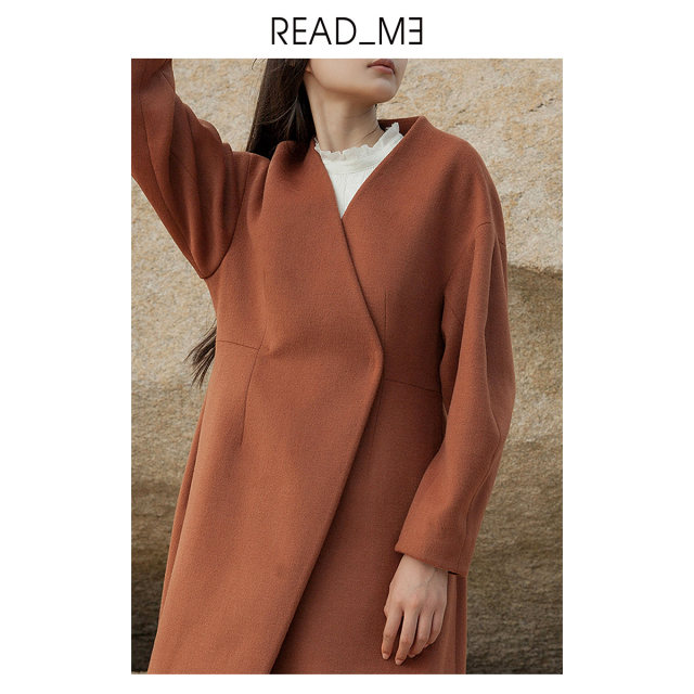 商场同款readme秋冬女士无领收腰长款羊毛双面呢大衣60932417