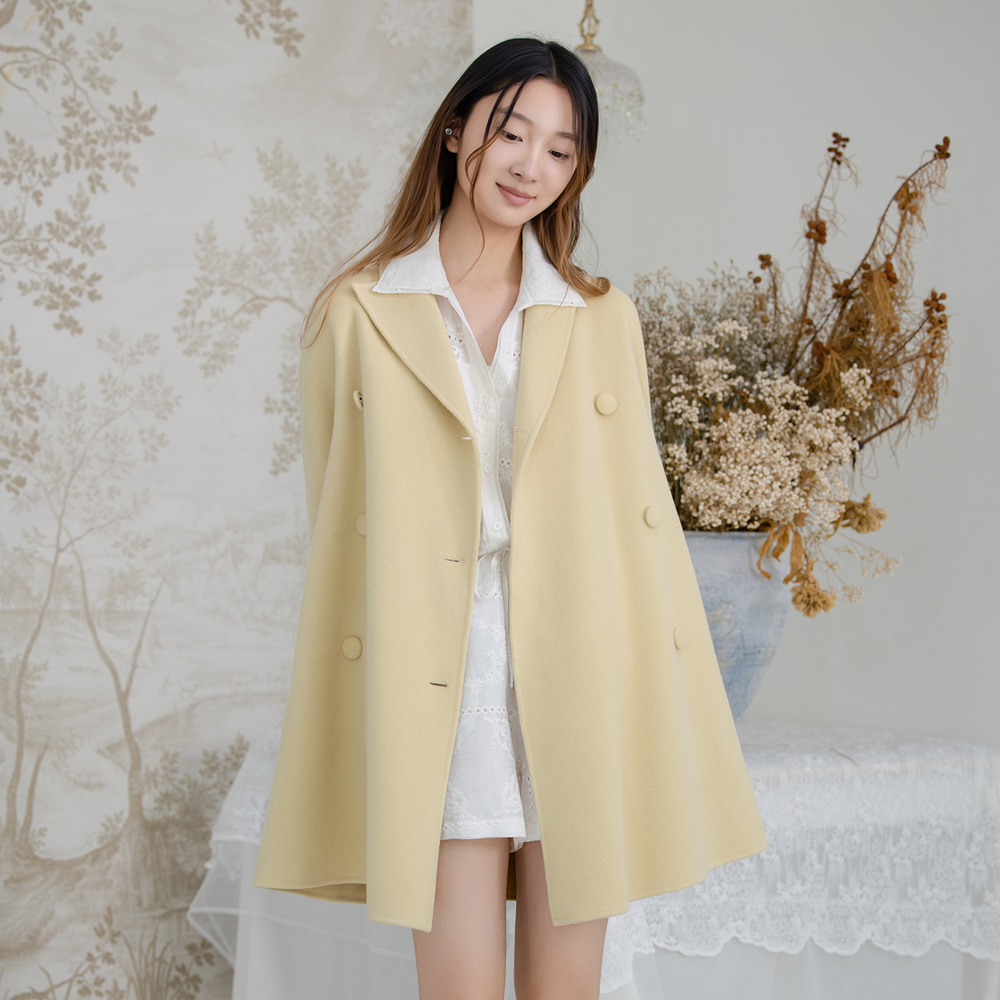 READ_ME读我经典设计感超宽叠襟双排扣A摆羊毛黄色大衣B30933507 - 图2