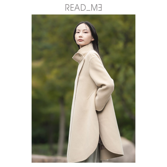 README读我冬新品暖沙高领中长款双面羊绒混羊毛大衣B30921407