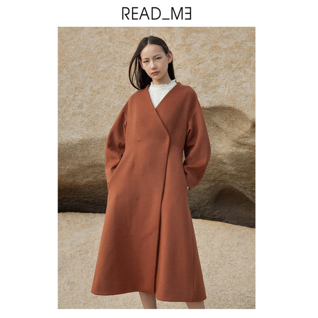 商场同款readme秋冬女士无领收腰长款羊毛双面呢大衣60932417
