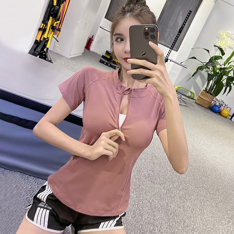 岚纹半拉链健身服女夏季薄款瑜伽上衣透气速干运动专业跑步短袖新 - 图0