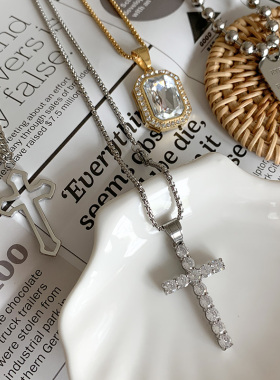满钻十字架钛钢INS街头项链