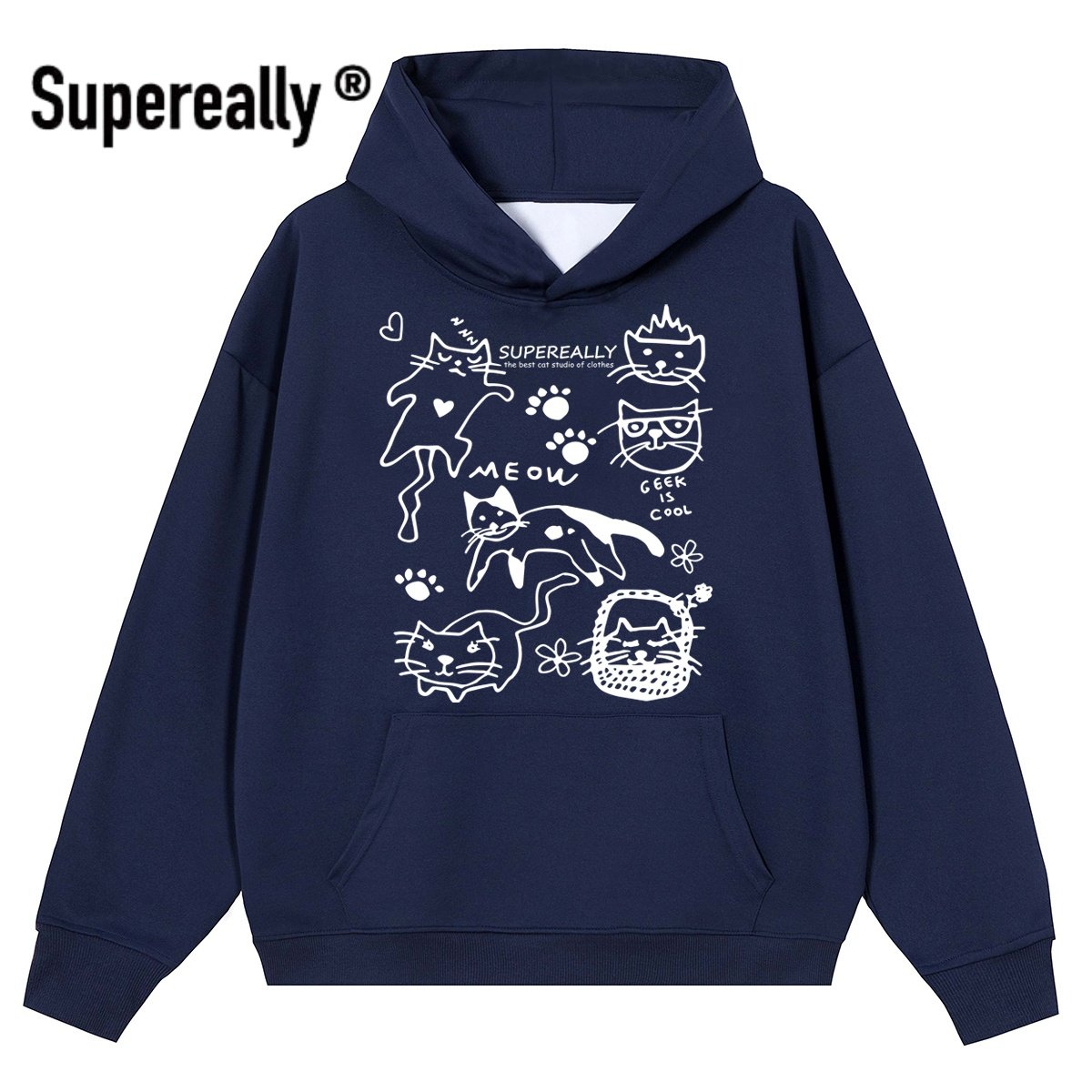 supereally  清融同款潮牌趣味小猫涂鸦宽松休闲减龄百搭连帽卫衣,淘宝优惠券,粉丝福利购,淘宝优惠卷