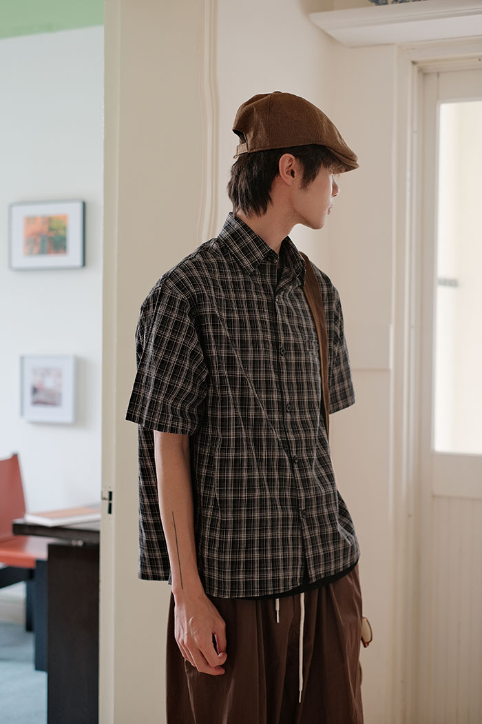 可乐生活自制夏季美式复古cleanfit短款宽松日系格子短袖衬衫男女 - 图1