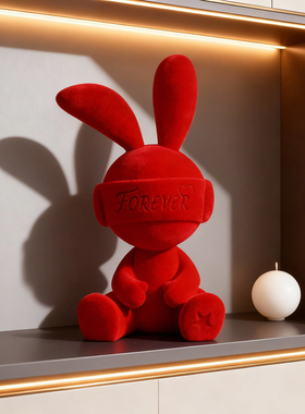 轻奢高档红色兔子植绒摆件