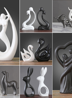 北欧现代简约日式家居玄关书房装饰品生肖创意黑白陶瓷工艺品摆件