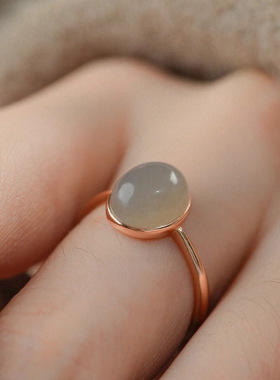 烟紫和田玉晴水蛋面可调节戒指轻