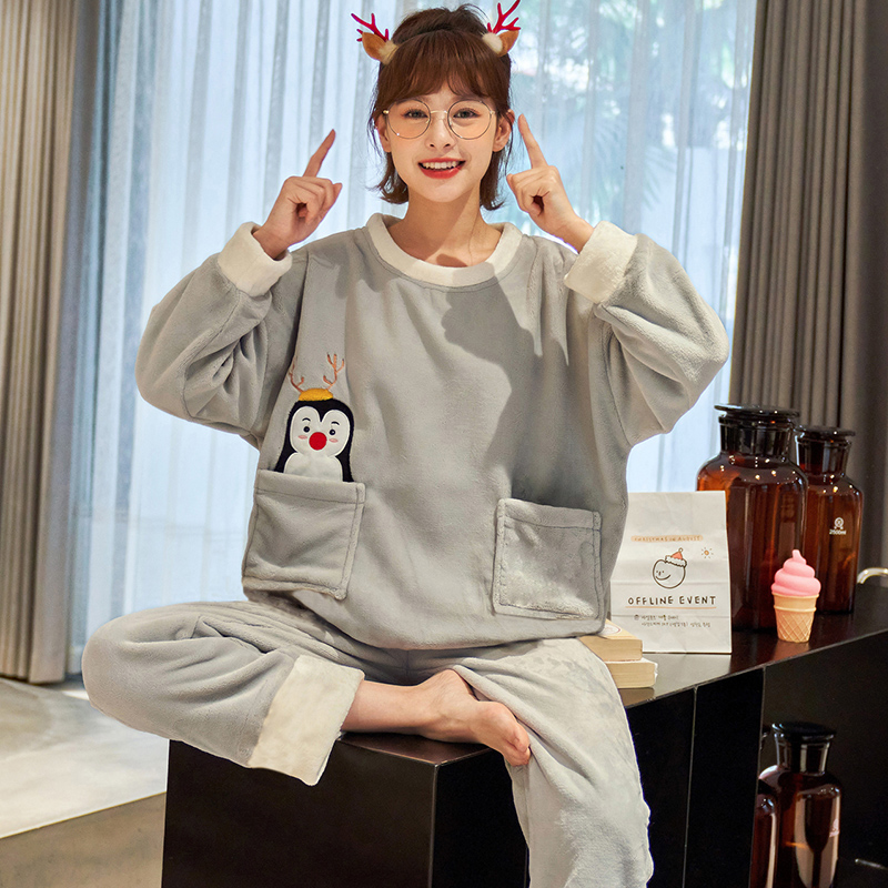 晨旺久旗舰店春秋冬季珊瑚绒睡衣女冬加厚加绒保暖家居服新款可外穿法兰绒套装2