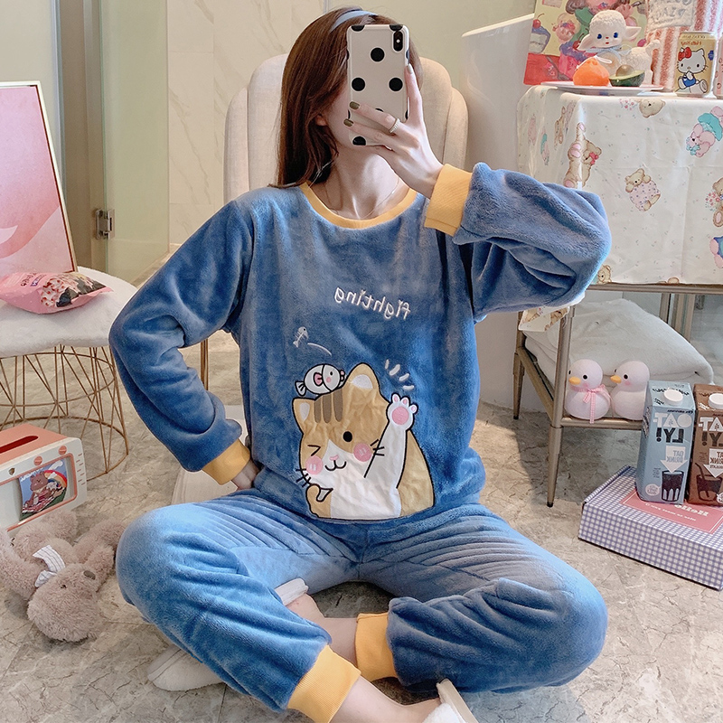 晨旺久旗舰店睡衣女秋冬季长袖年新款加厚珊瑚法兰绒居家服套装初中生冬天0