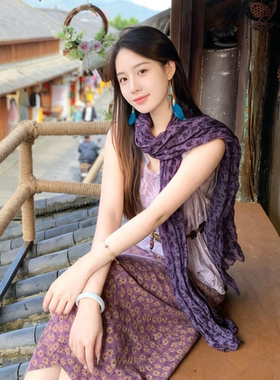 文艺感紫色碎花褶皱丝巾女春夏氛围感民族风披肩护颈系脖围巾头巾