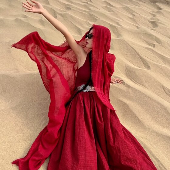 Desert travel sun protection shawl solid color cotton and linen scarf red