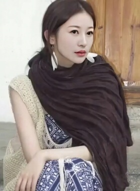 复古文艺咖色肌理纹柔软棉麻围巾女春秋百搭纯色围脖长条亚麻森系
