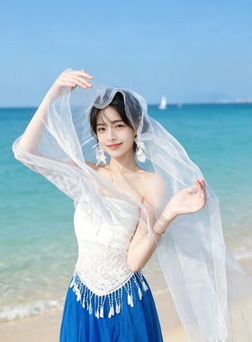 法式度假风白色欧根纱流苏长条丝巾女氛围感透明披肩轻薄飘逸围巾