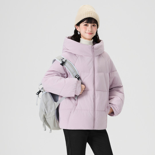 快鱼棉服女2025年冬季新款微宽松净色连帽外套防寒保暖加厚小棉袄