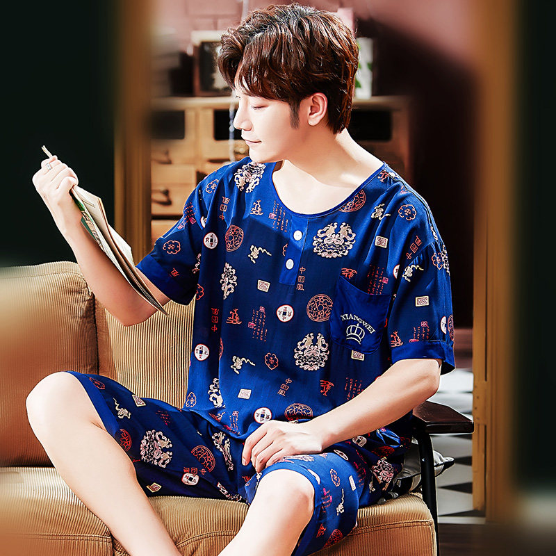 夏季短袖短裤男士绵绸人造棉装睡衣 夕水含睡衣/家居服套装