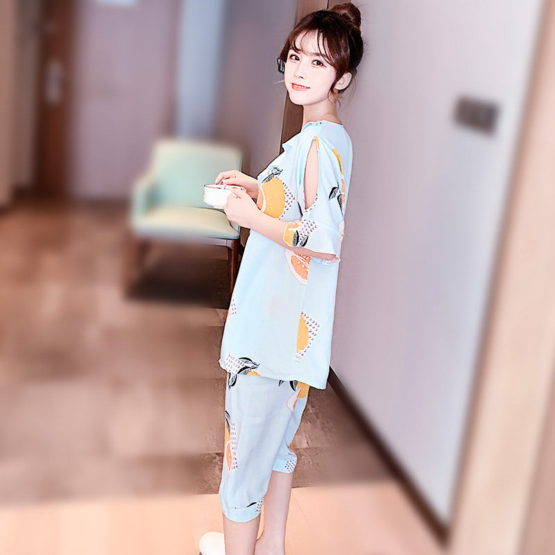 夏季短袖七分裤可爱绵绸人造棉睡衣 夕水含睡衣/家居服套装