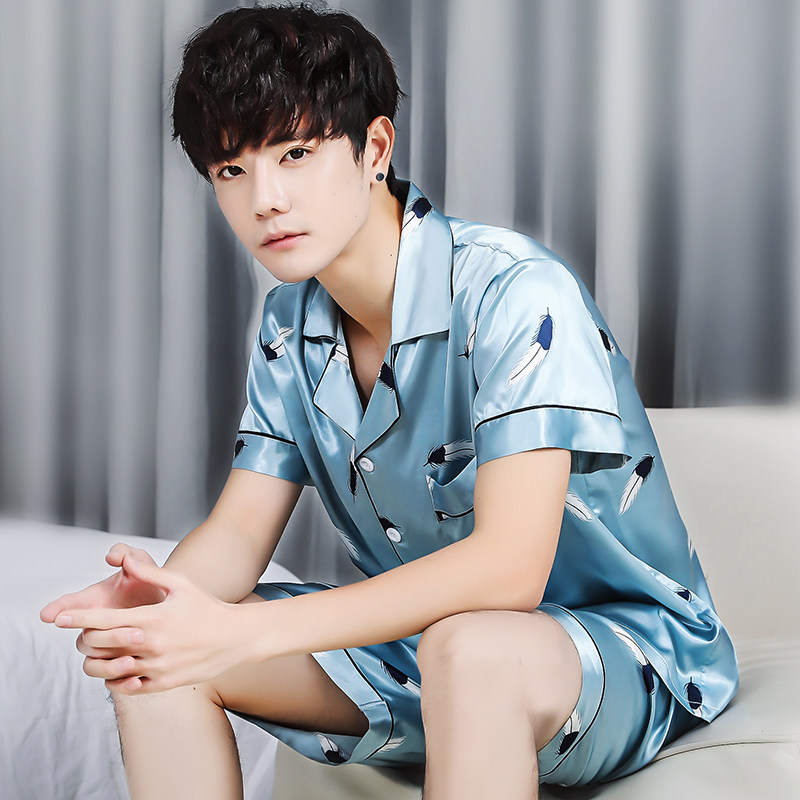 夏季冰丝短袖短裤宽松男士丝绸睡衣 夕水含睡衣/家居服套装