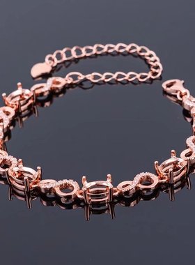 S925银6粒裸石镶嵌手链空托5*7mm可来石代镶嵌选款配石银空托