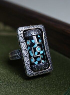 文创s925银手作九眼戒指松石镶嵌可转动活口全品文玩DIY随身配饰