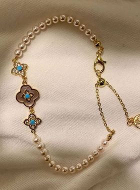 新中式绿松石珍珠手链女配饰新款轻奢小众精致蓝色串珠手饰