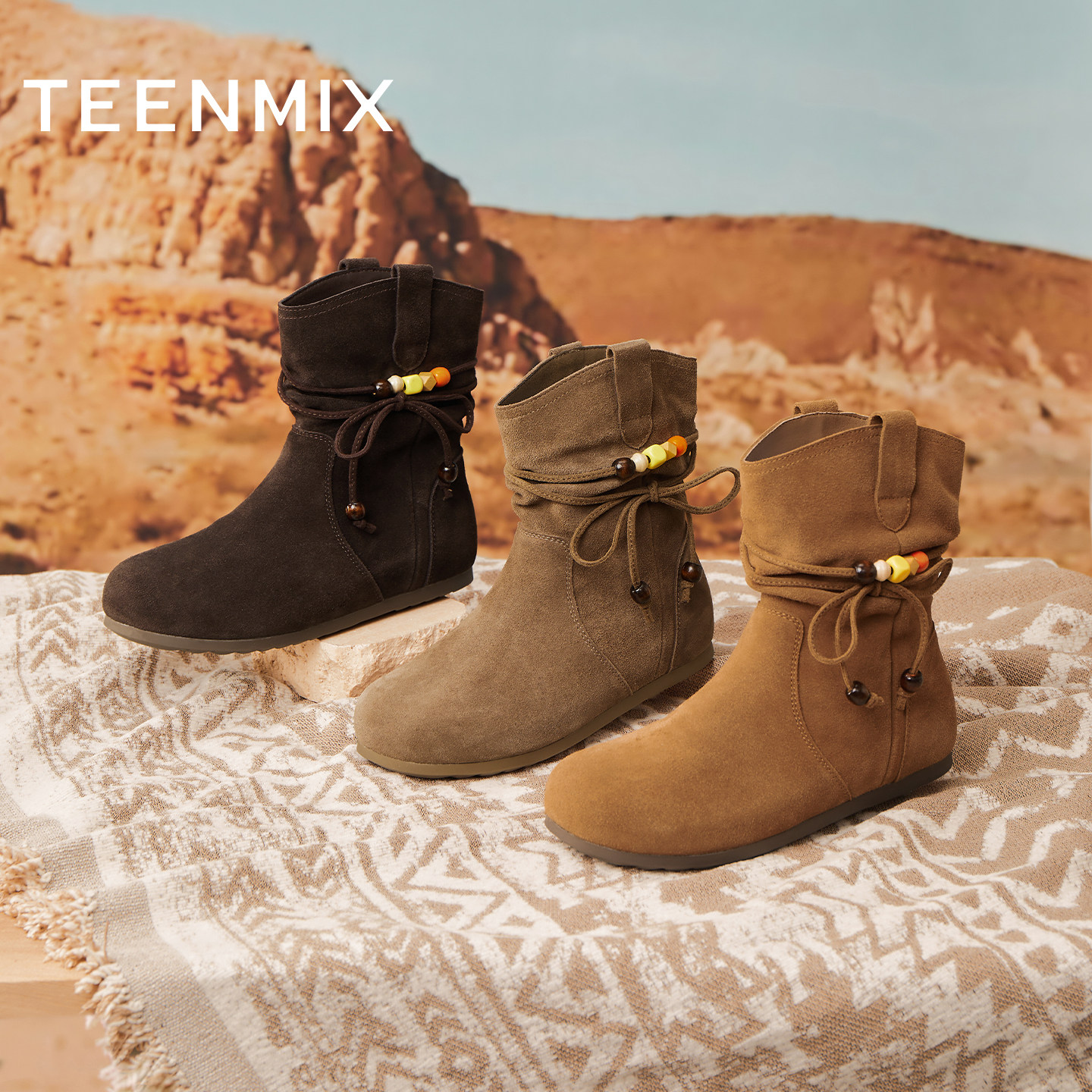 天美意内增高复古西部靴堆堆靴女鞋子休闲短靴2025冬新款KXZ18DZ5,淘宝优惠券,粉丝福利购,淘宝优惠卷