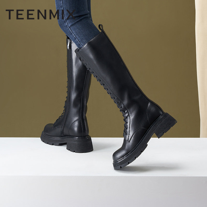 天美意厚底马丁女加绒2022冬骑士靴 天美意teenmix时装靴