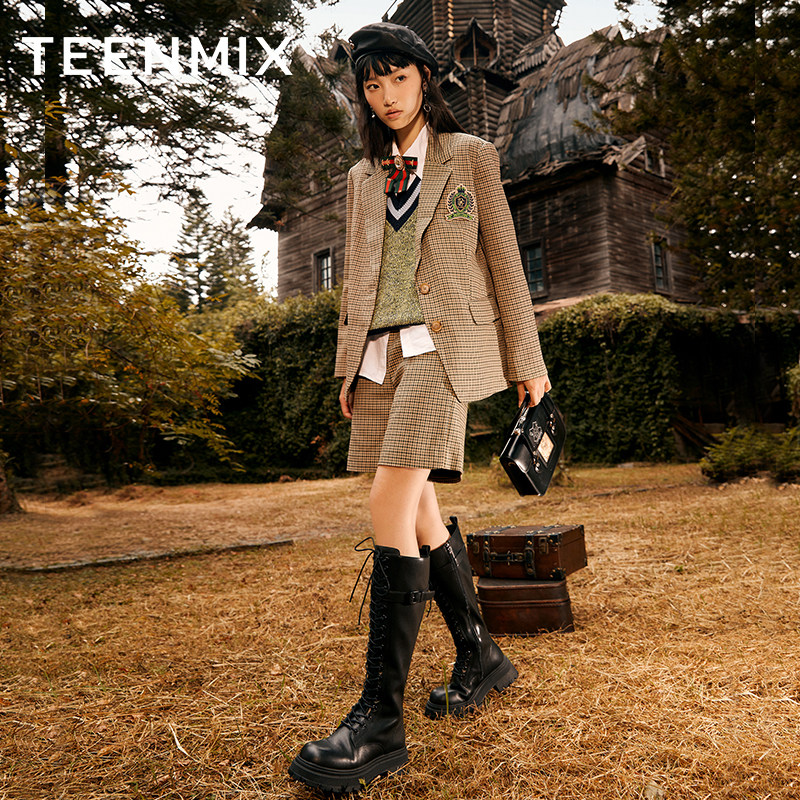 天美意潮酷厚底加绒2022冬骑士靴 天美意teenmix时装靴