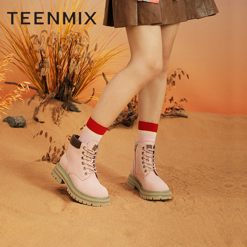 天美意厚底大黄女加绒工装冬马丁靴 天美意teenmix时装靴