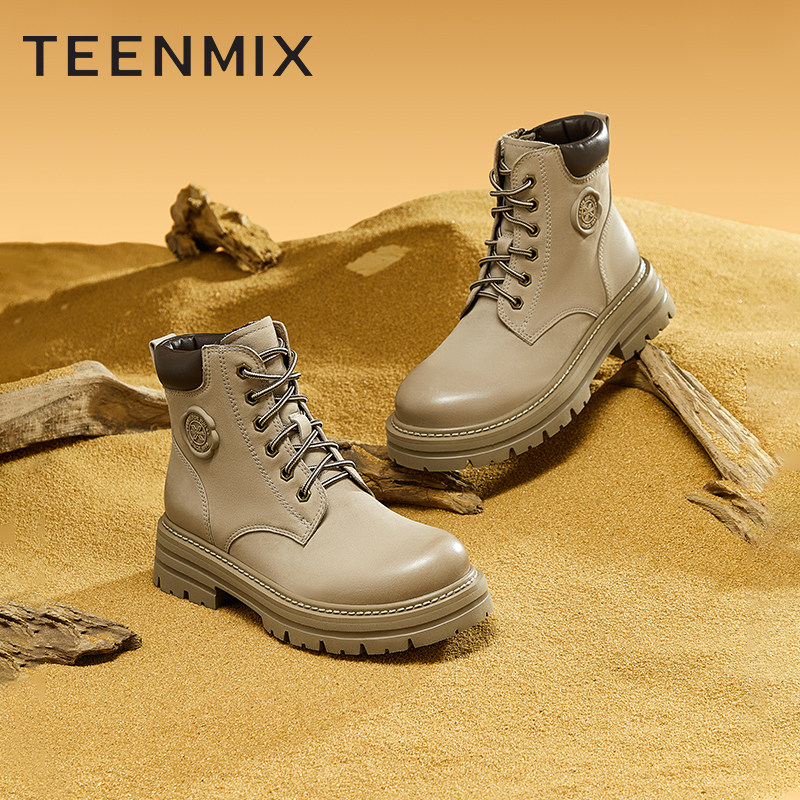 天美意英伦女工装靴加绒2022马丁靴 天美意teenmix马丁靴