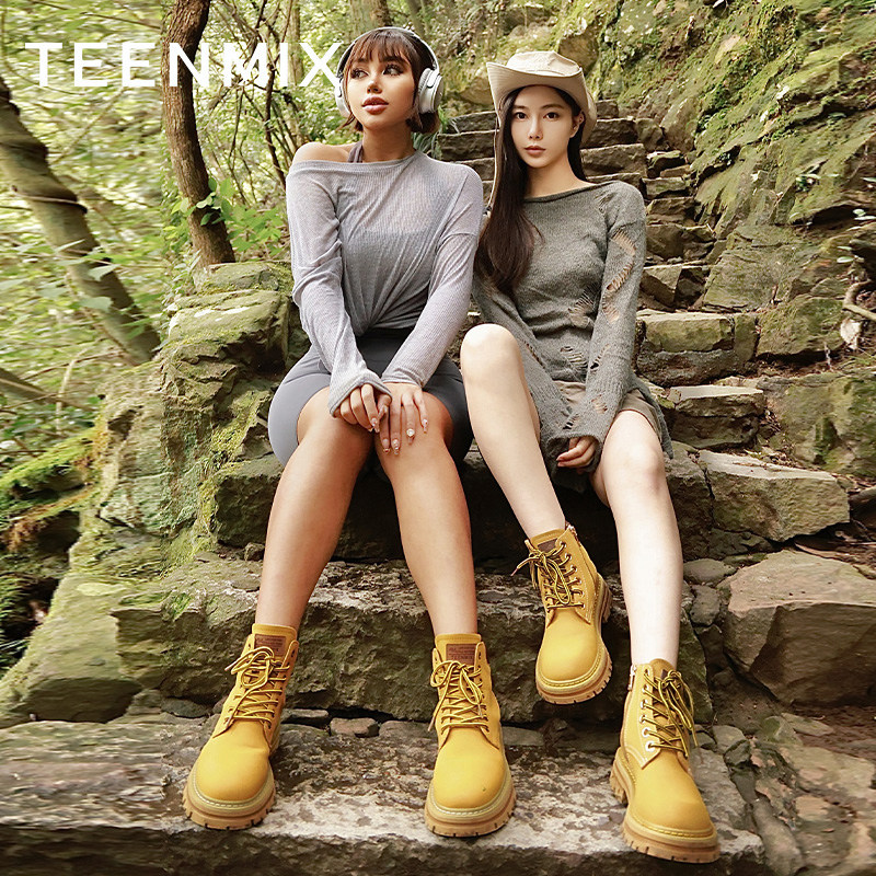 天美意厚底大黄女加绒工装冬马丁靴 天美意teenmix时装靴