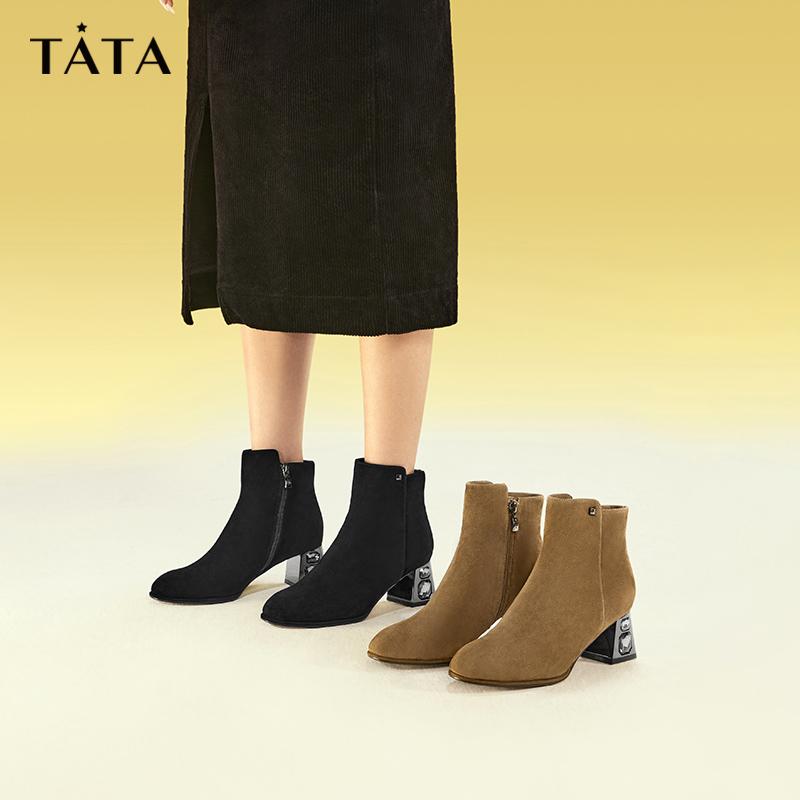 Tata他她粗跟弹力瘦瘦短靴女气质加绒法式时装靴2023冬季UBP01DD3 - 图2