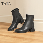 他她靴子女黑色时装短靴粗跟加绒瘦瘦靴