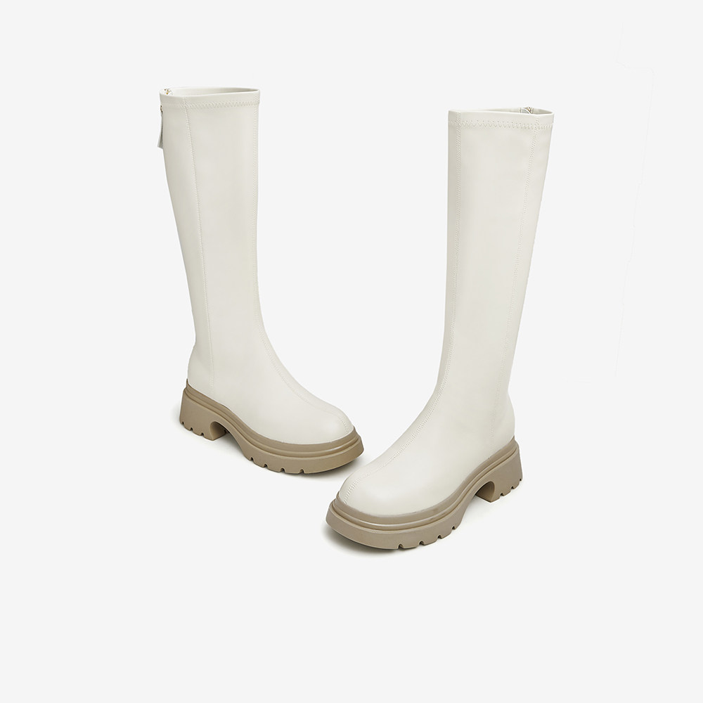 tata休闲拼接高筒女显瘦纯色骑士靴 他她Tata时装靴