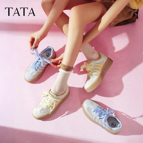 TATA他她乌梅子酱女鞋橡胶底包边德训鞋增高厚底板鞋子W9B02CM5 - 图3