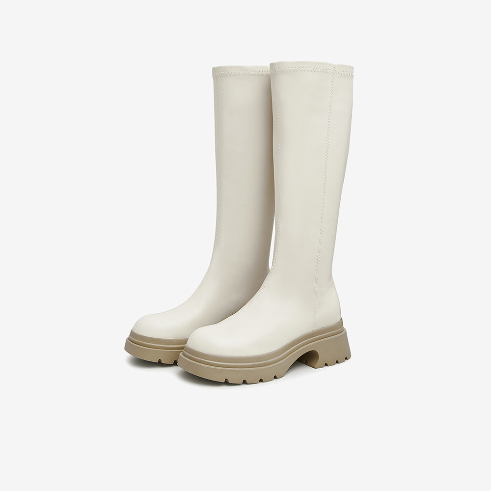 tata休闲拼接高筒女显瘦纯色骑士靴 他她Tata时装靴