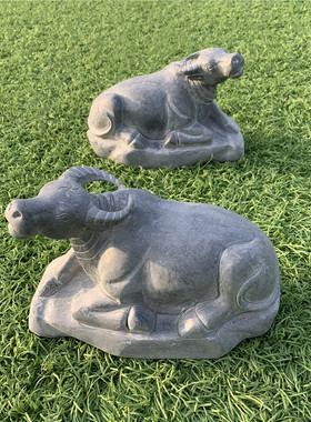 石雕水牛青石卧牛摆件天然石材雕刻工艺品家用原石刻精雕石头牛