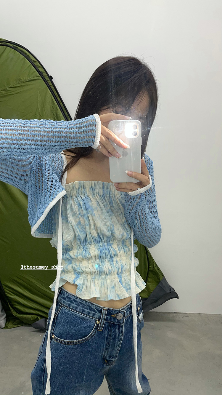 THESUMEY 2023夏季推荐 韩版空调房网纱披肩型薄款纯色系带短罩衫 - 图1